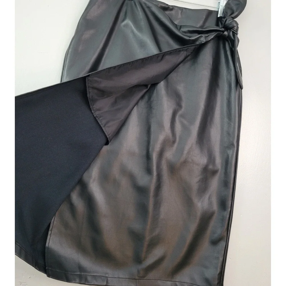 Faux Leather Wrap Midi Skirt Womens XL Black Tie Waist Grunge Indie Dark Academi